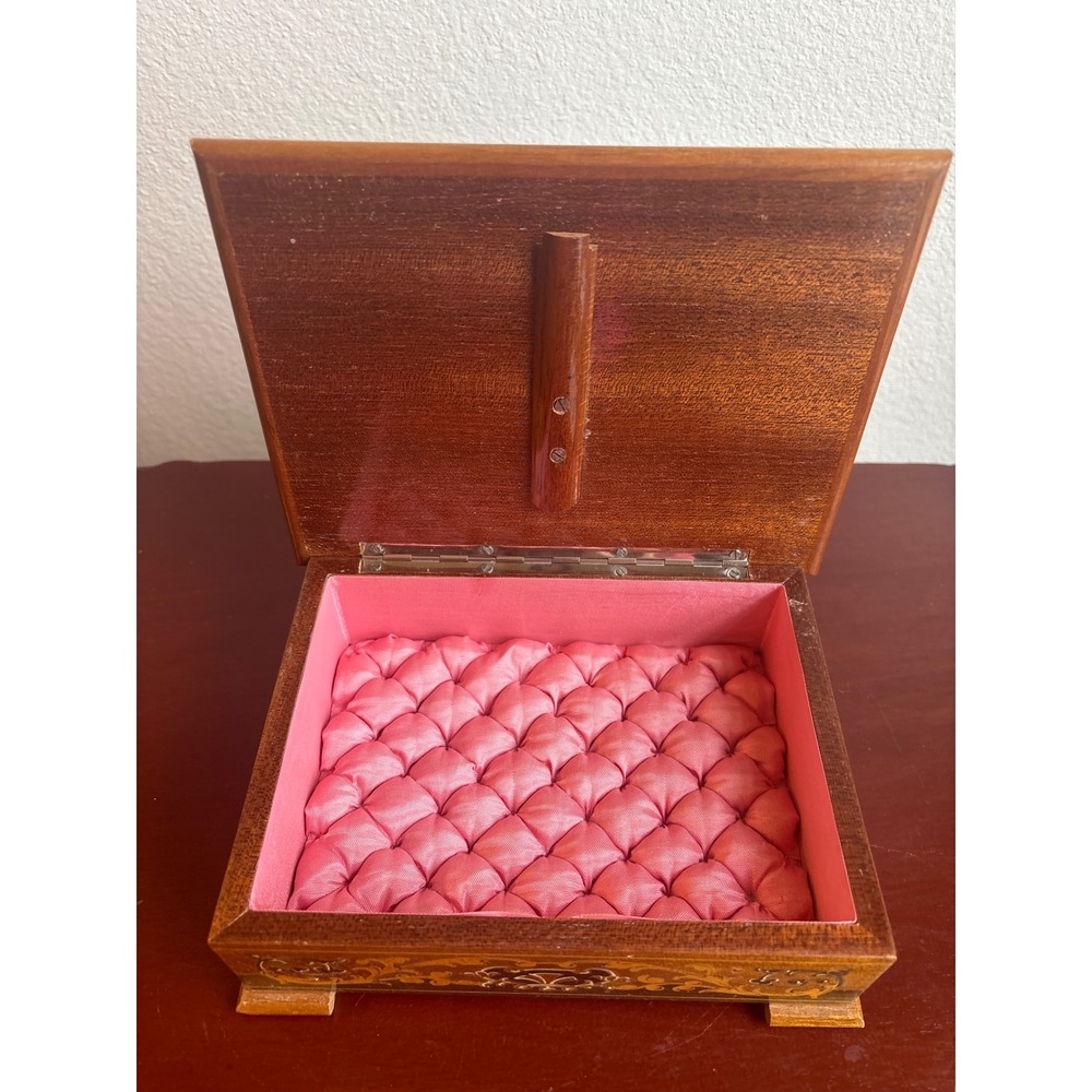 Vintage Marquetry Wood Jewelry Box Inlay Footed Pink Tufted Satin Lining Trinket - Picture 3 of 8